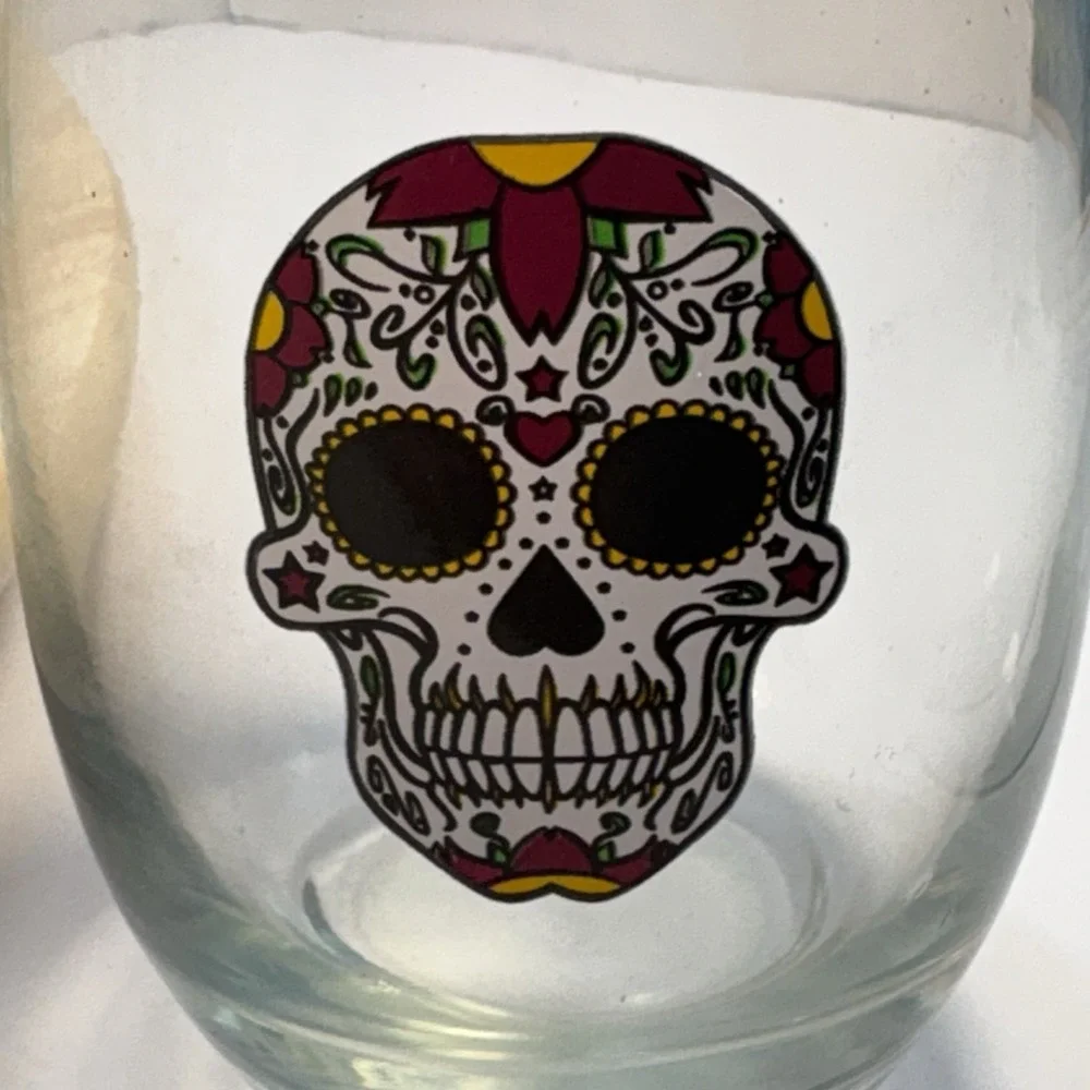 Set of 5 Clear Glass Stemless Tumblers Sugar Skull Day of Dead Halloween 20oz